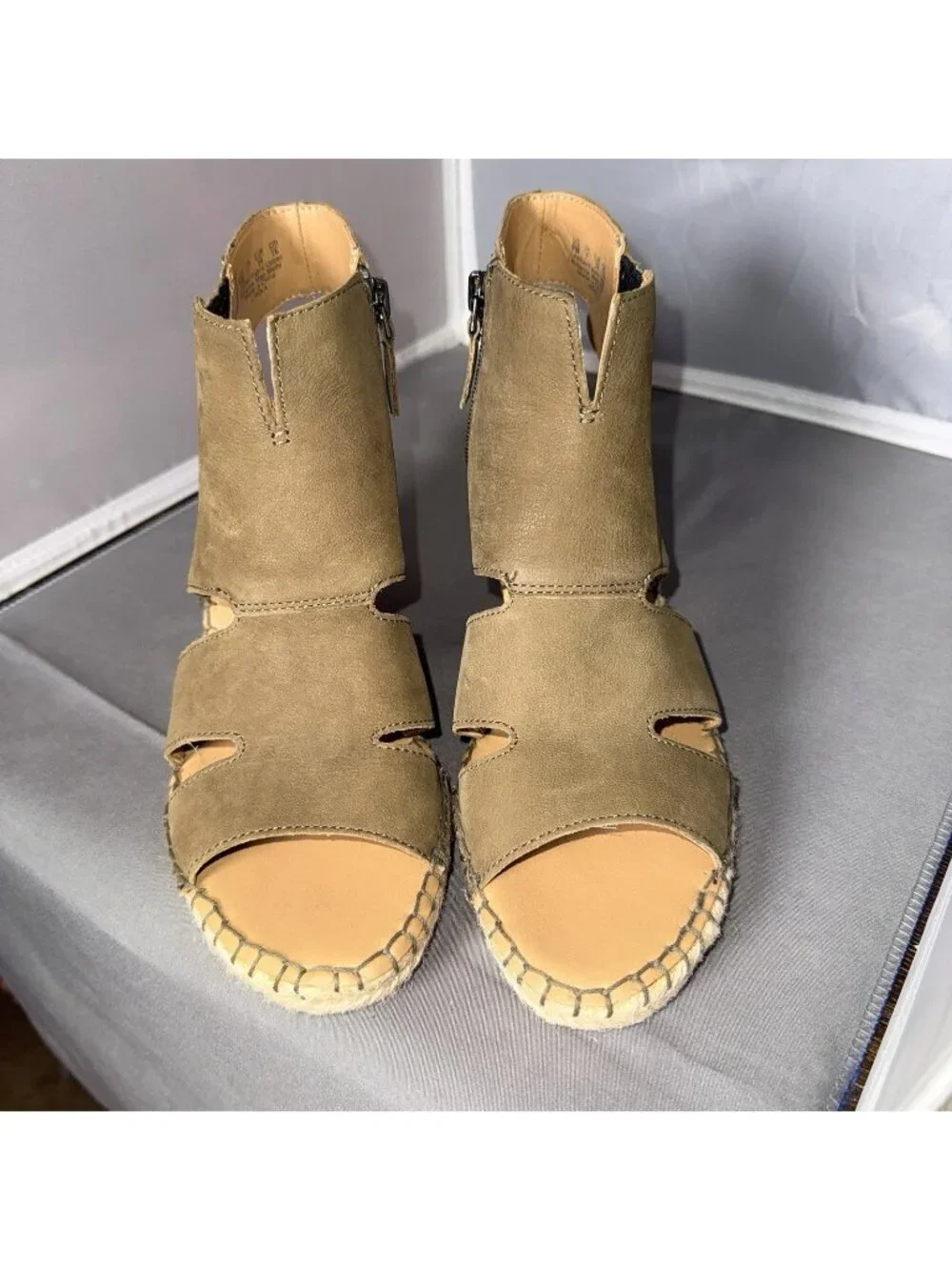 Franco Sarto L-Nola Olive Green Leather Espadrille Wedge Sandals Size 9M